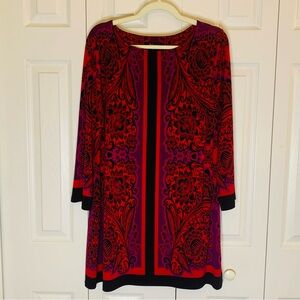 Style & Co. Red and Purple Swirl Design 3/4 Sleeve Dress Size L